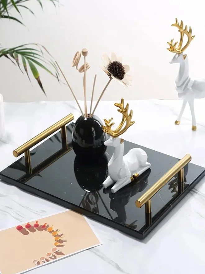 1Chase 1CHASE Marble Tray with Gold Handle, Black 30x20 cm